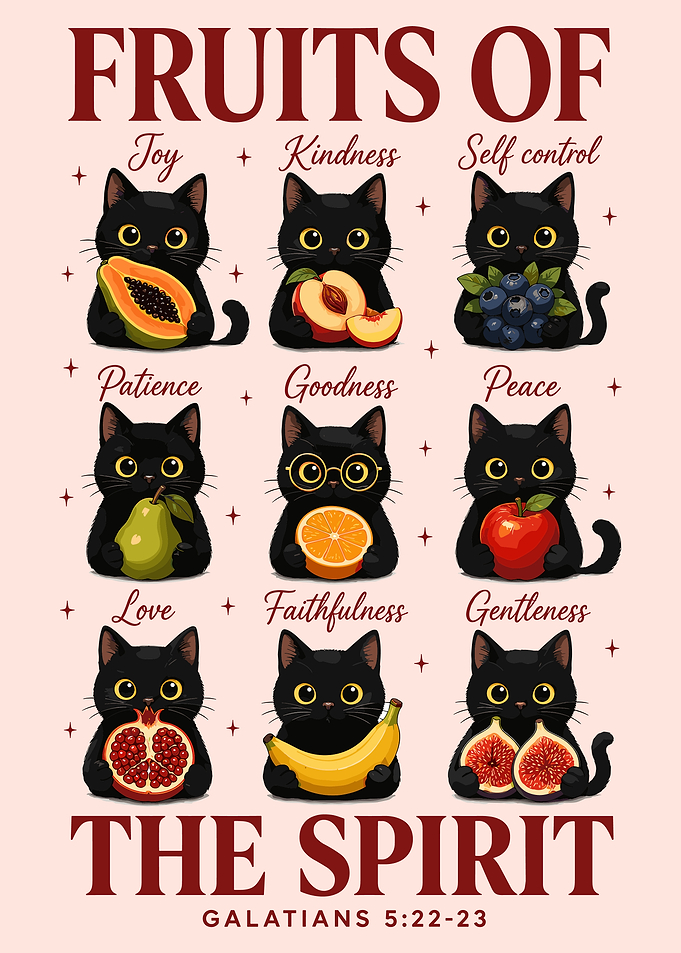 Fruits of the Spirit Black Cats Wall Art | Cute Christian Bible Verse Poster