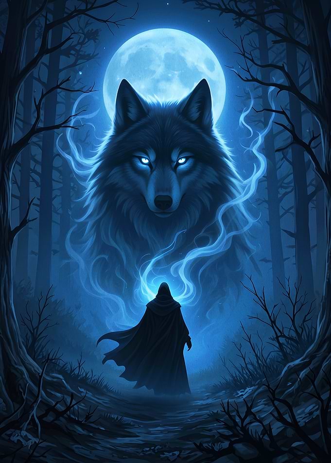 Mystical Wolf Spirit and Cloaked Figure