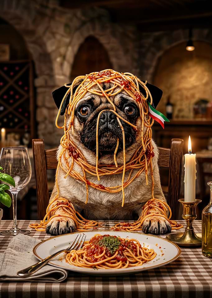 Pug Covered in Spaghetti Dinner