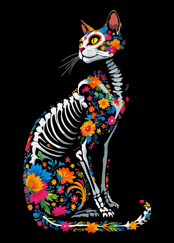 Floral Skeleton Cat Vintage Gothic Wall Art Botanical Animal Poster