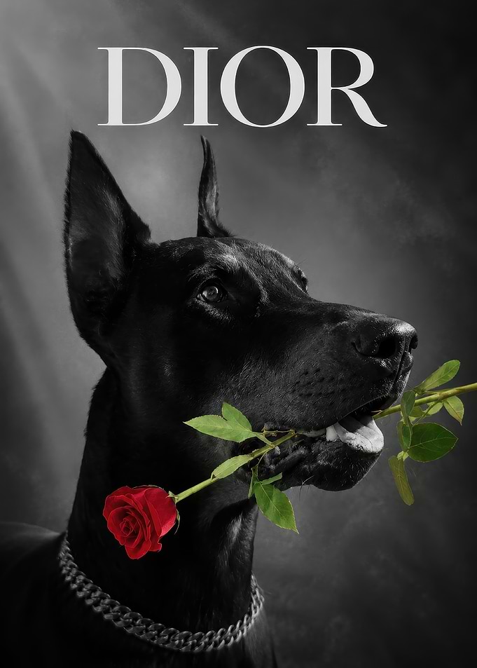 Doberman with Red Rose Dior