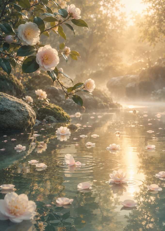 Serene Camellia Flowers on Misty Water
