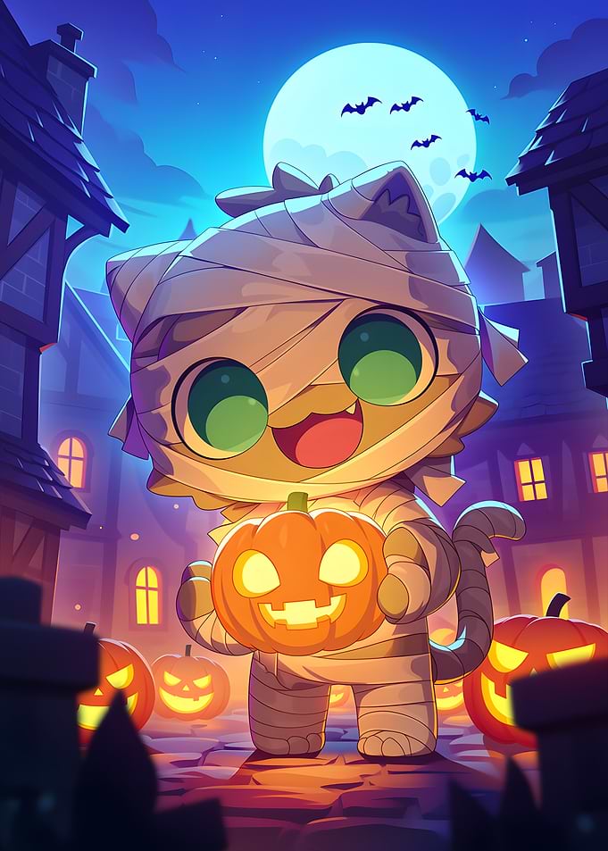 Cute Mummy Cat Halloween Illustration