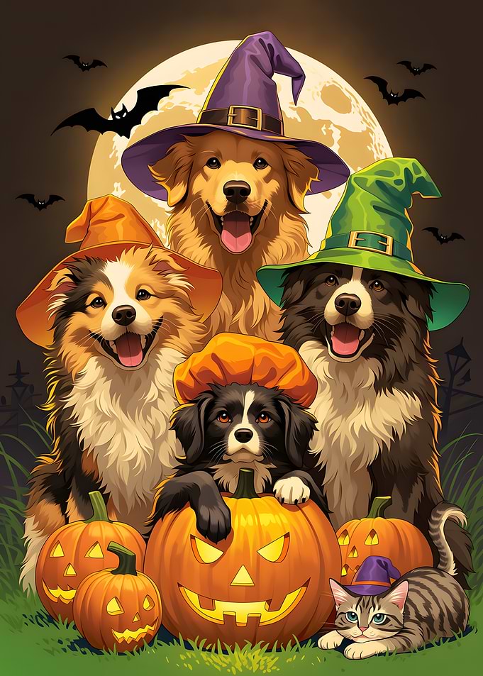 Halloween Dogs and Cat with Pumpkins
