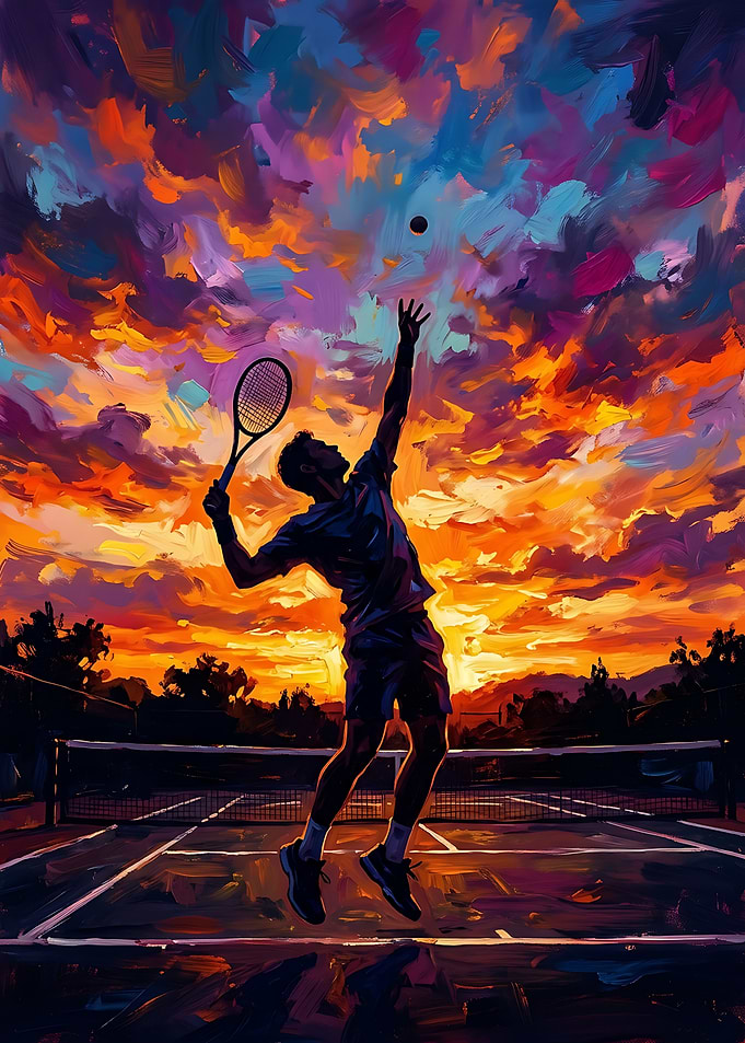 Tennis Player Serving at Sunset