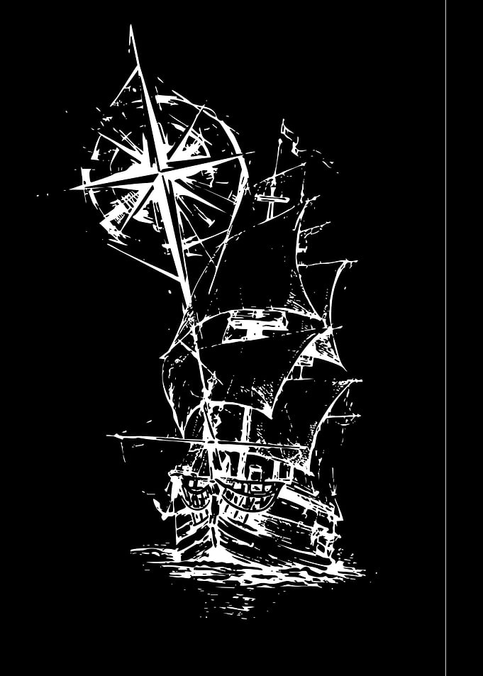 Sailing Ship and Compass Rose Illustration