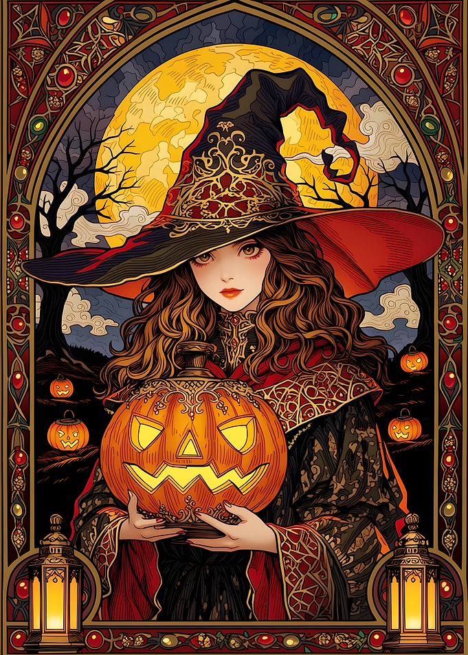 Art Nouveau Witch with Jack-o'-lantern