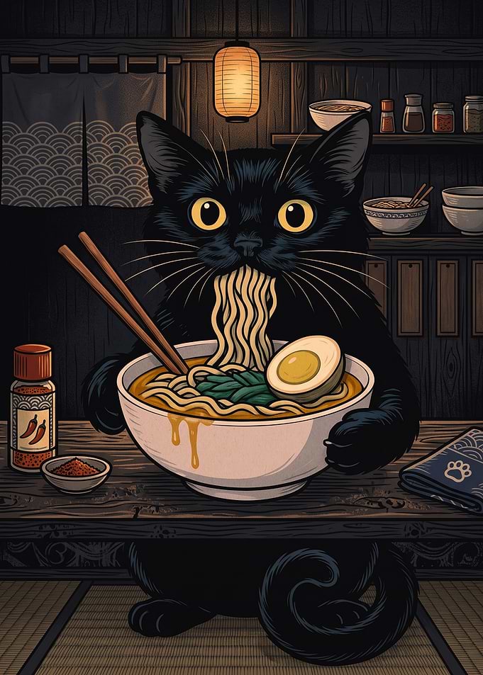 Black Cat Eating Ramen