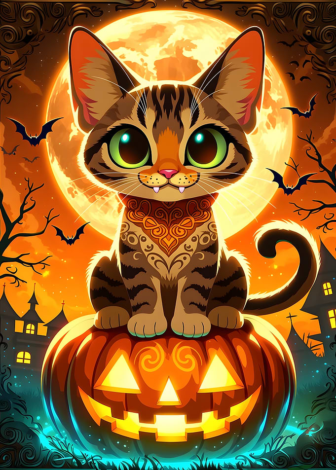 Cute Halloween Kitten on Pumpkin