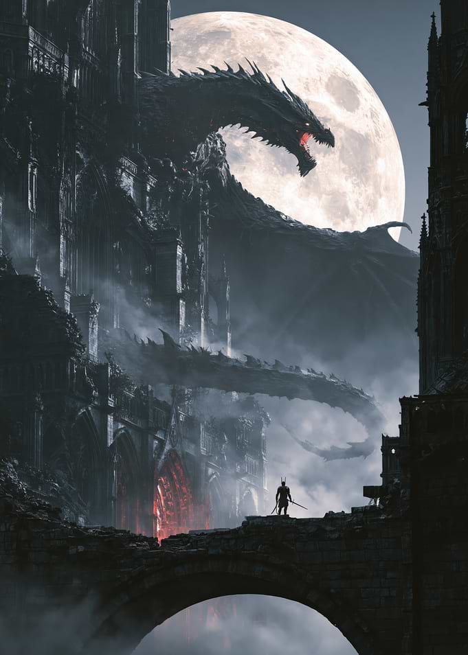 Knight Facing Dragon at Gothic Castle