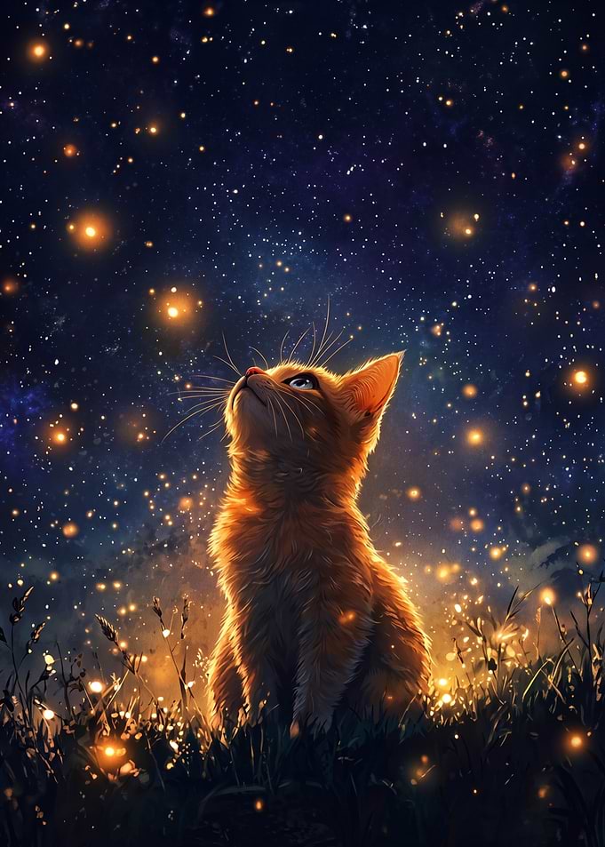 Ginger Kitten Watching Glowing Fireflies