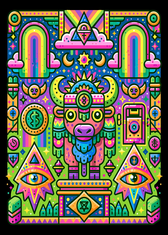 Vibrant Psychedelic Bull Totem Art