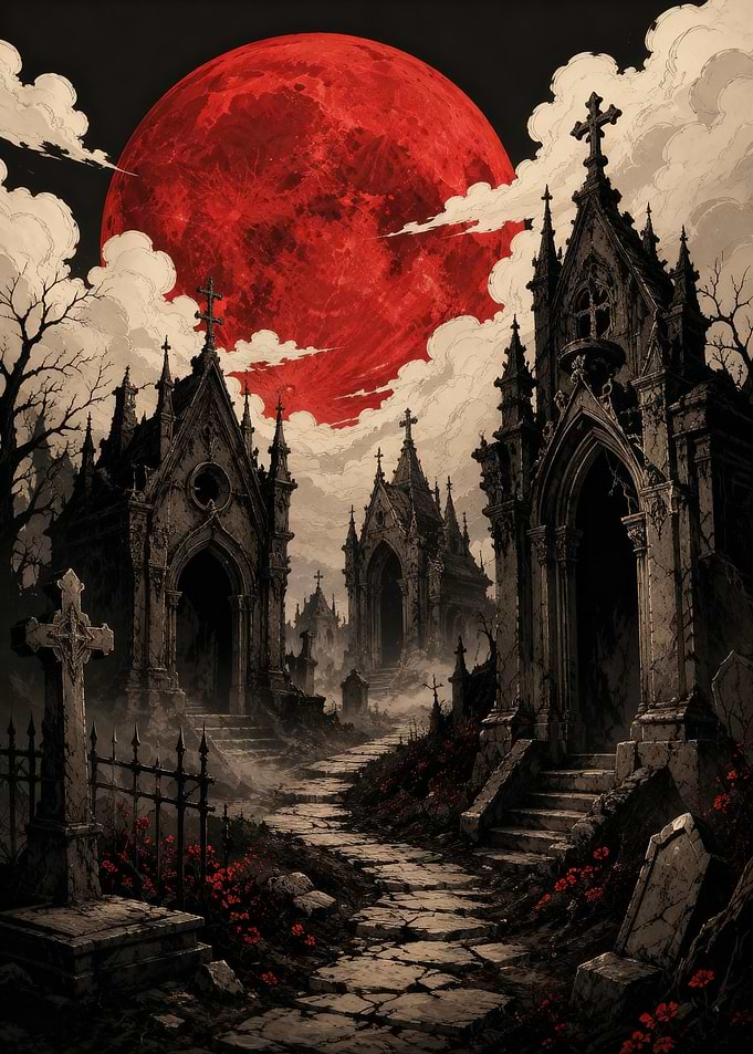 Gothic Cemetery Under Blood Moon