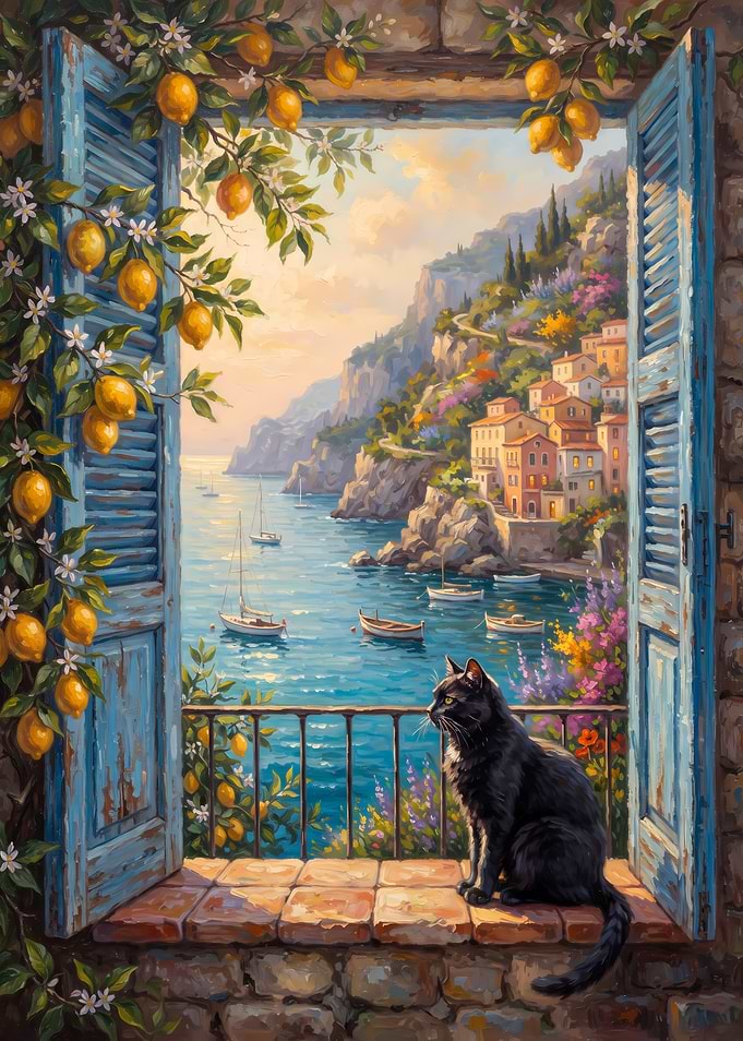 Black Cat Watching Amalfi Coast