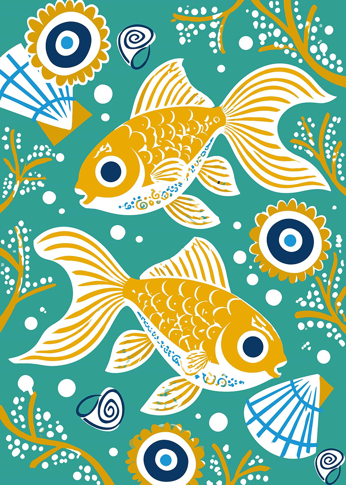 Stylized Goldfish and Sea Elements Pattern