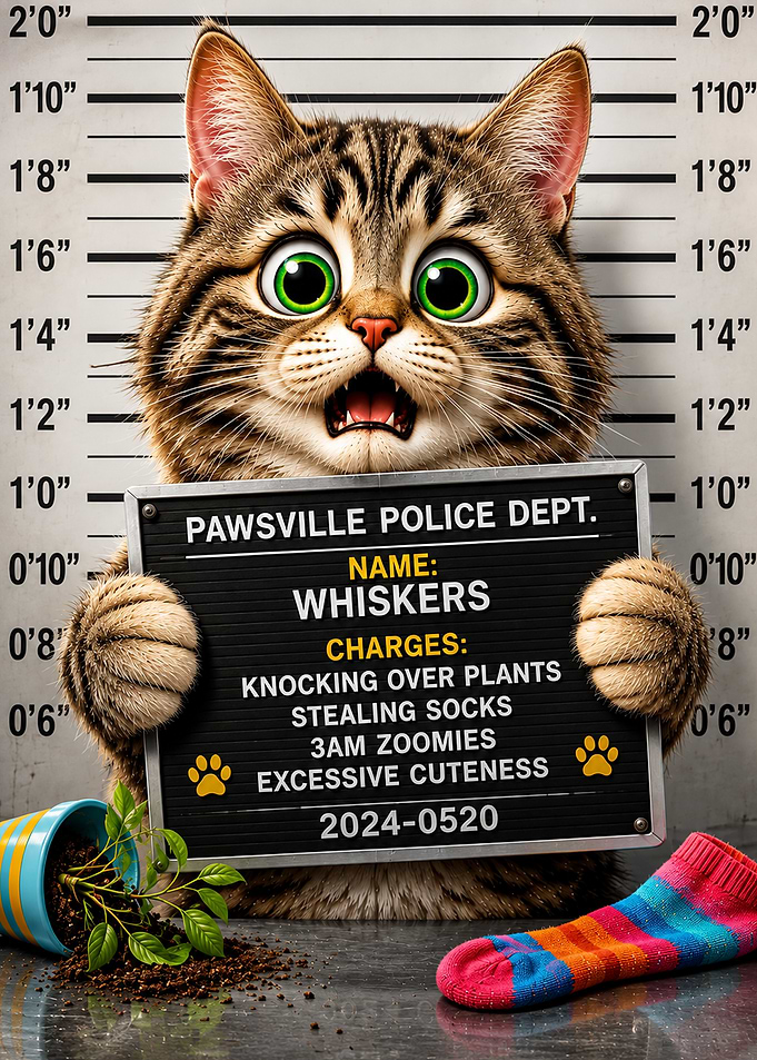 Funny Mugshot of Whiskers the Cat