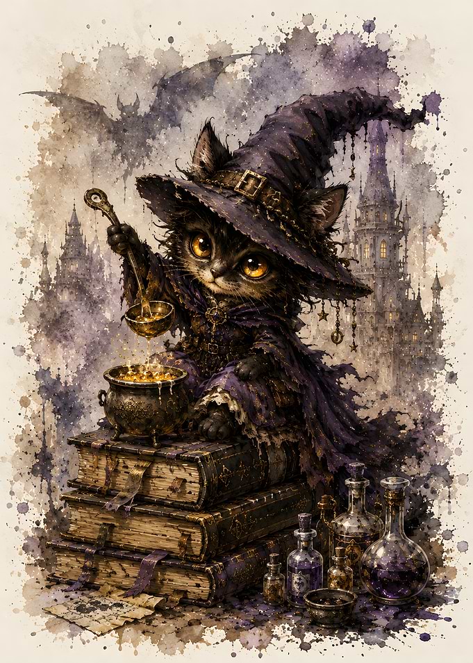 Cute Kitten Witch Brewing Magic