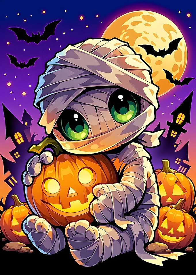 Cute Mummy Holding Halloween Pumpkin