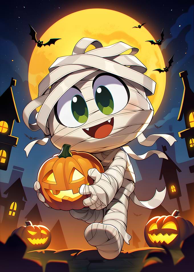 Cute Mummy Holding Halloween Pumpkin