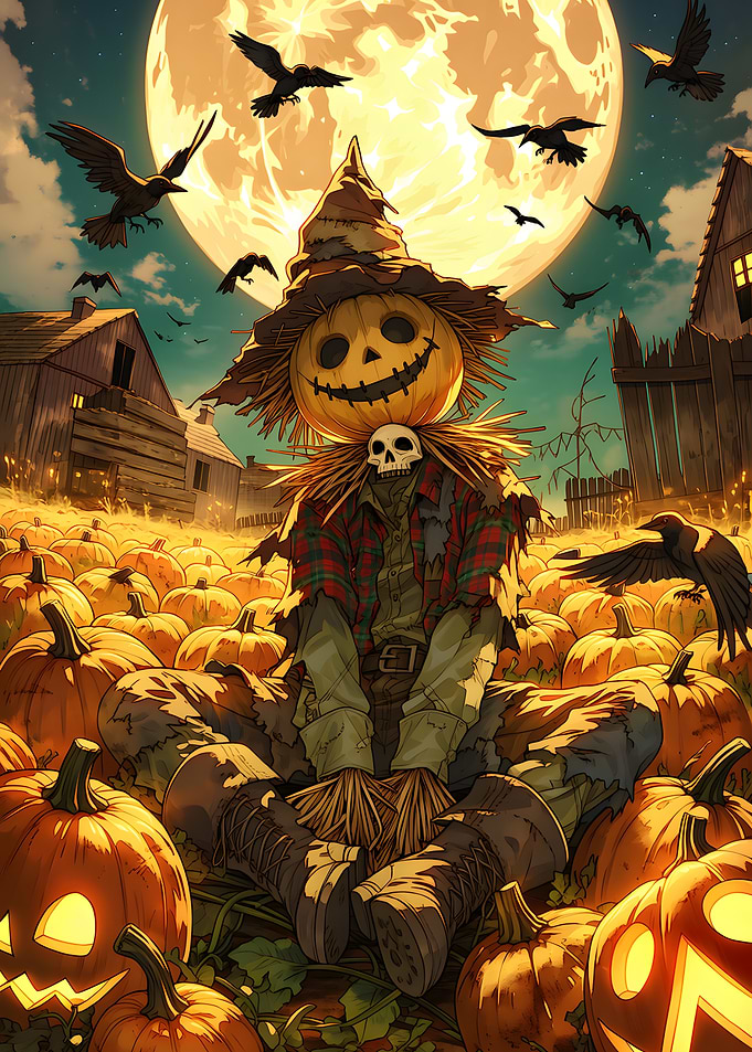 Scarecrow Sitting in Pumpkin Patch