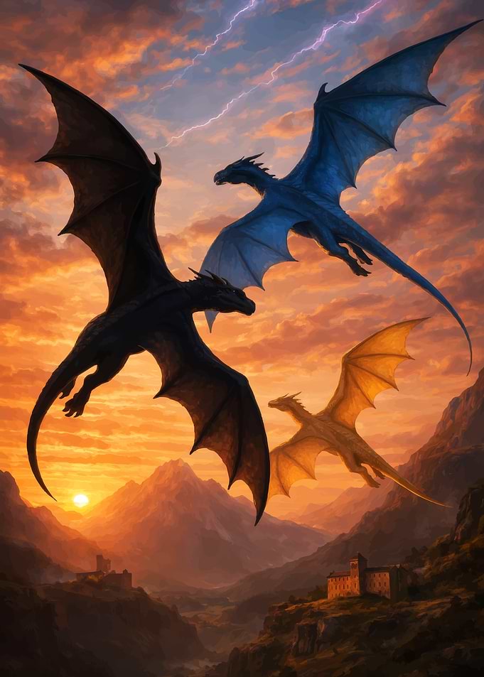 Three Dragons Soaring Over Mountains