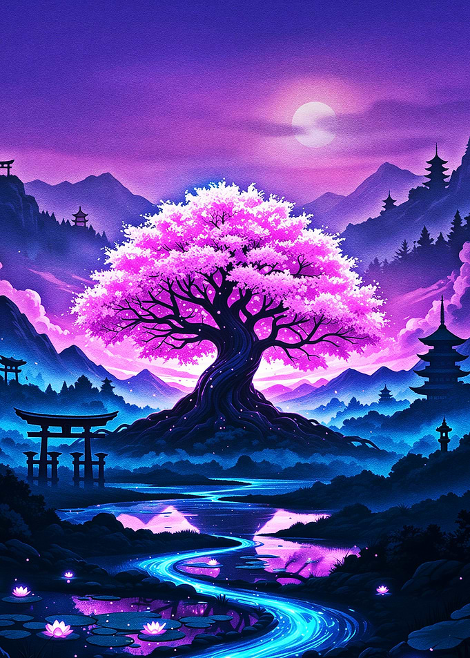Neon Cherry Blossom Landscape