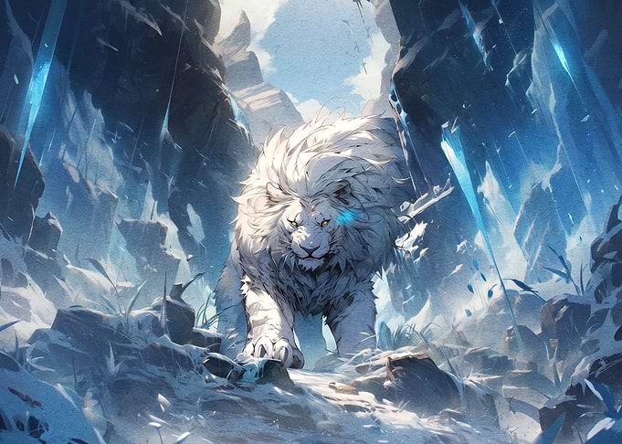 Majestic White Lion in Frozen Canyon