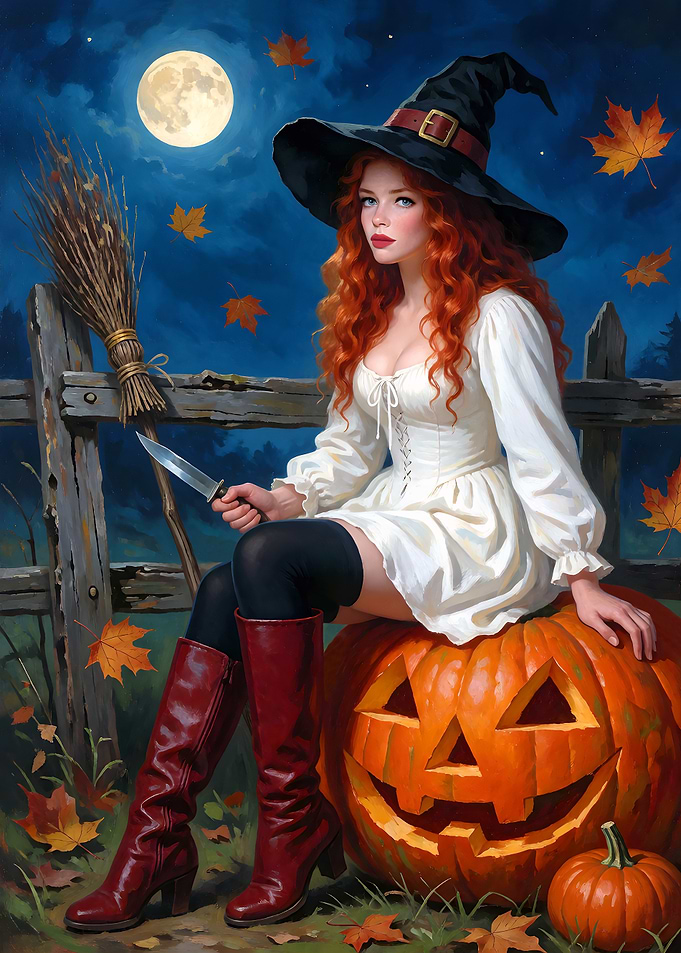 Red-Haired Witch Sitting on Pumpkin