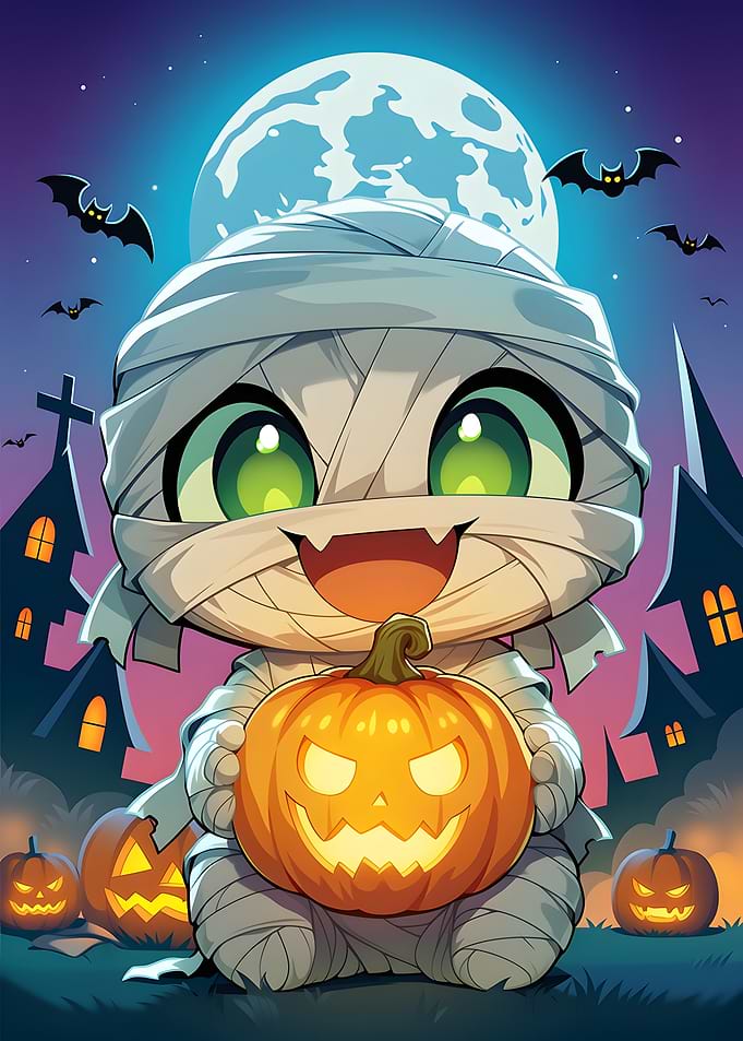 Cute Chibi Mummy Holding Jack-o'-lantern