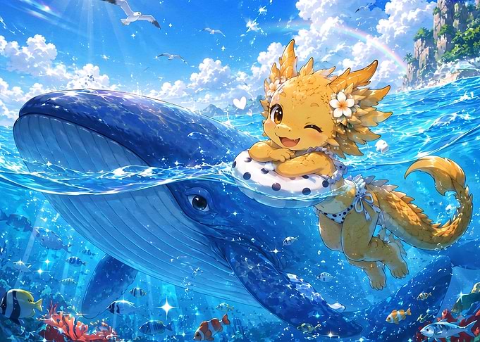 Cute Dragon Girl Swimming with Whale