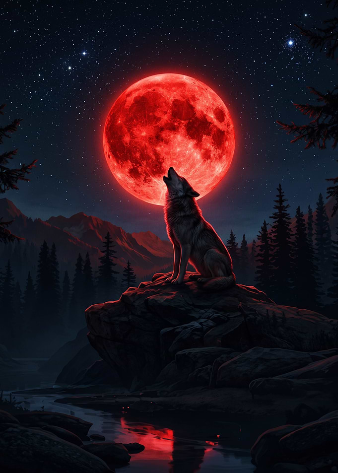 Wolf Howling at Red Moon