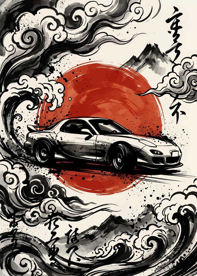 Mazda RX-7 Japanese Ink Wash Art