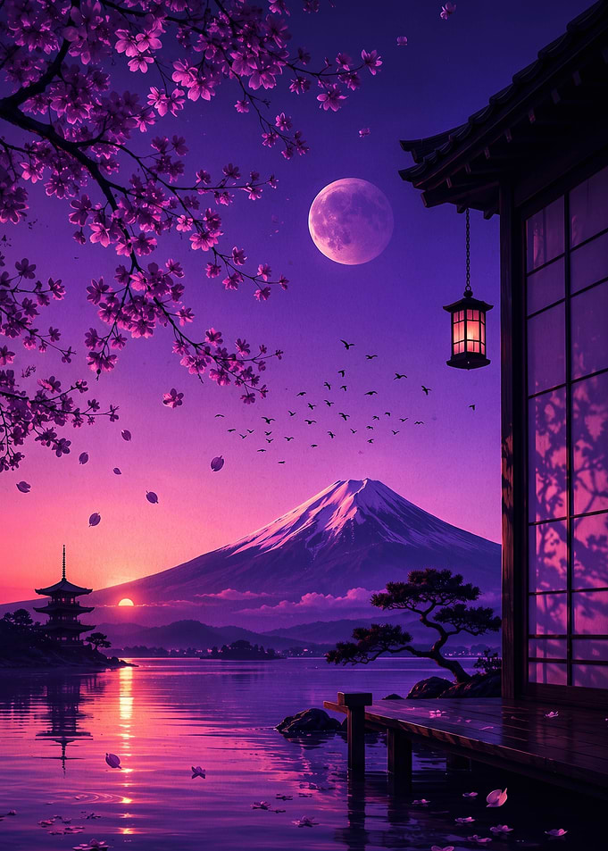 Mount Fuji Sunset with Cherry Blossoms