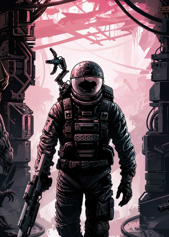 Futuristic Soldier in Ruined Facility
