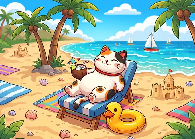 Cute Calico Cat Relaxing on Beach