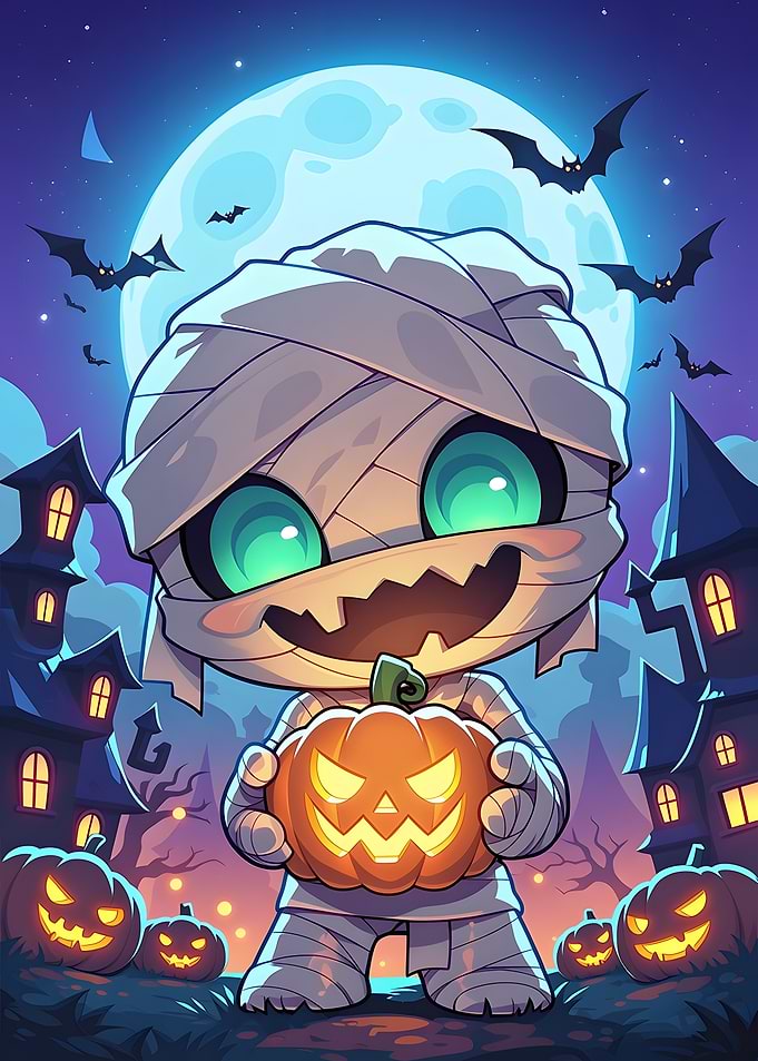 Cute Mummy Holding Halloween Pumpkin