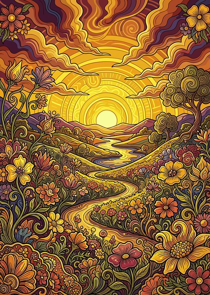 Vibrant Psychedelic Floral Landscape Sunset