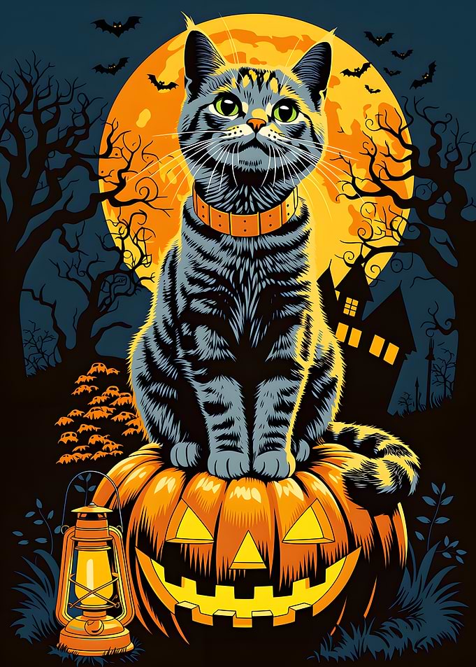Halloween Cat Sitting on Jack-o'-lantern