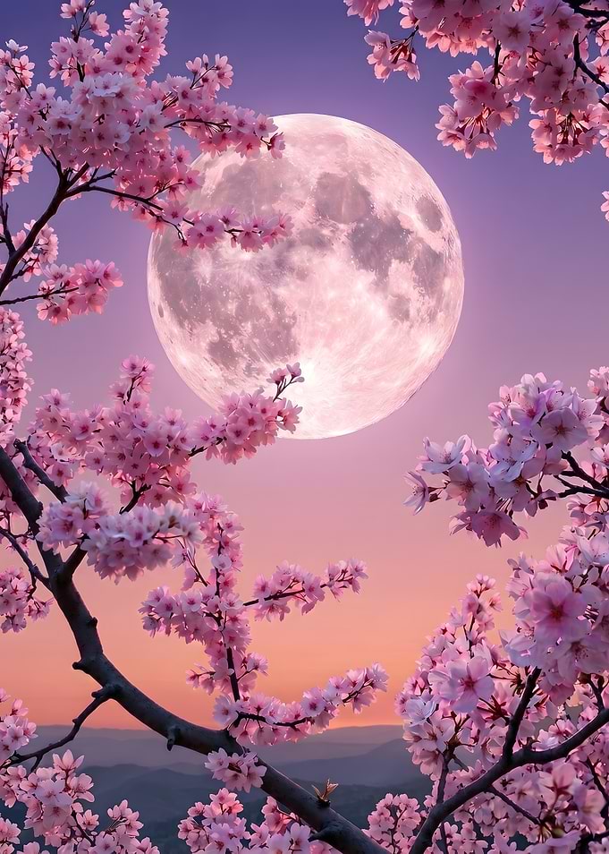 Full Moon Behind Cherry Blossoms
