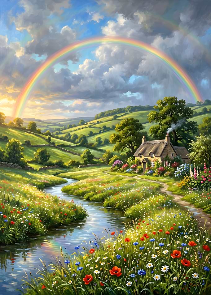 Cottage by the Stream with Rainbow