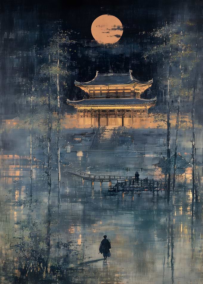 Traditional Temple Under Full Moon