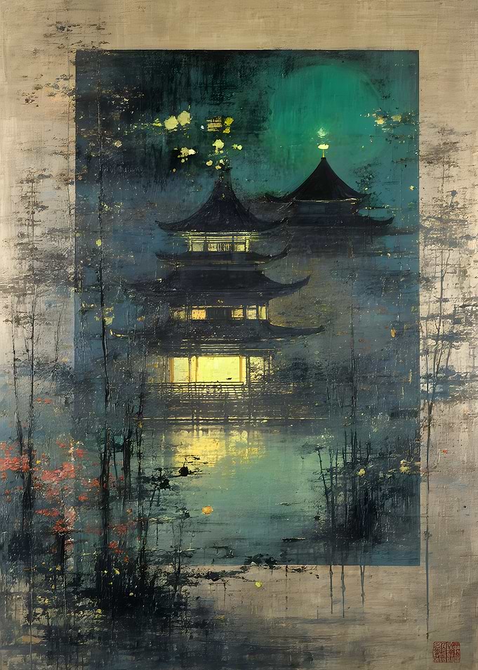 Ethereal Japanese Pagoda at Night