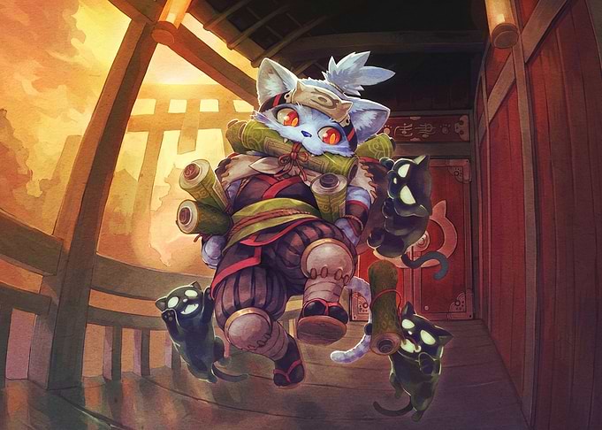 Ninja Cat with Scrolls and Spirits