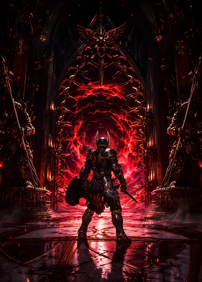 Crimson Moon Knight Facing a Fiery Portal