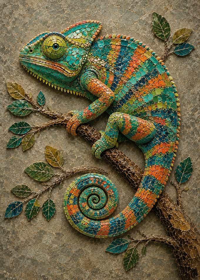 Mosaic Chameleon on a Branch