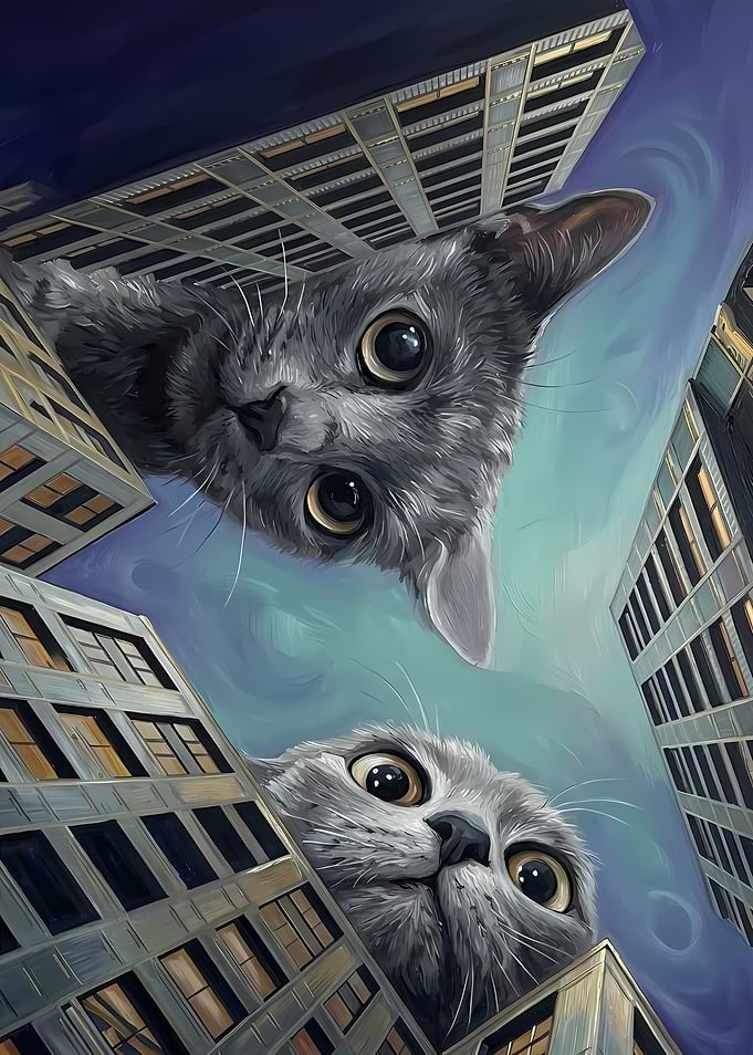 Giant Cats Looming Over City Skyscrapers