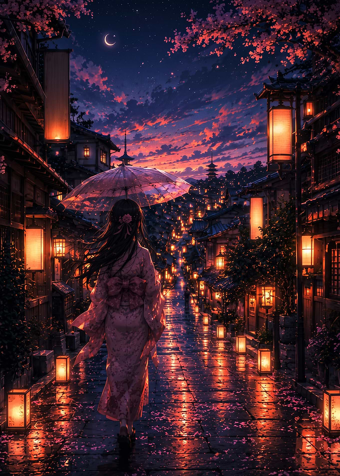 Girl in Kimono Walking at Night
