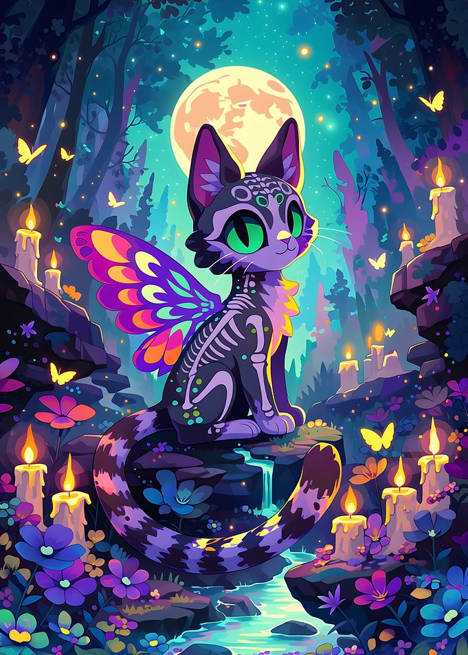 Magical Skeleton Cat with Butterfly Wings