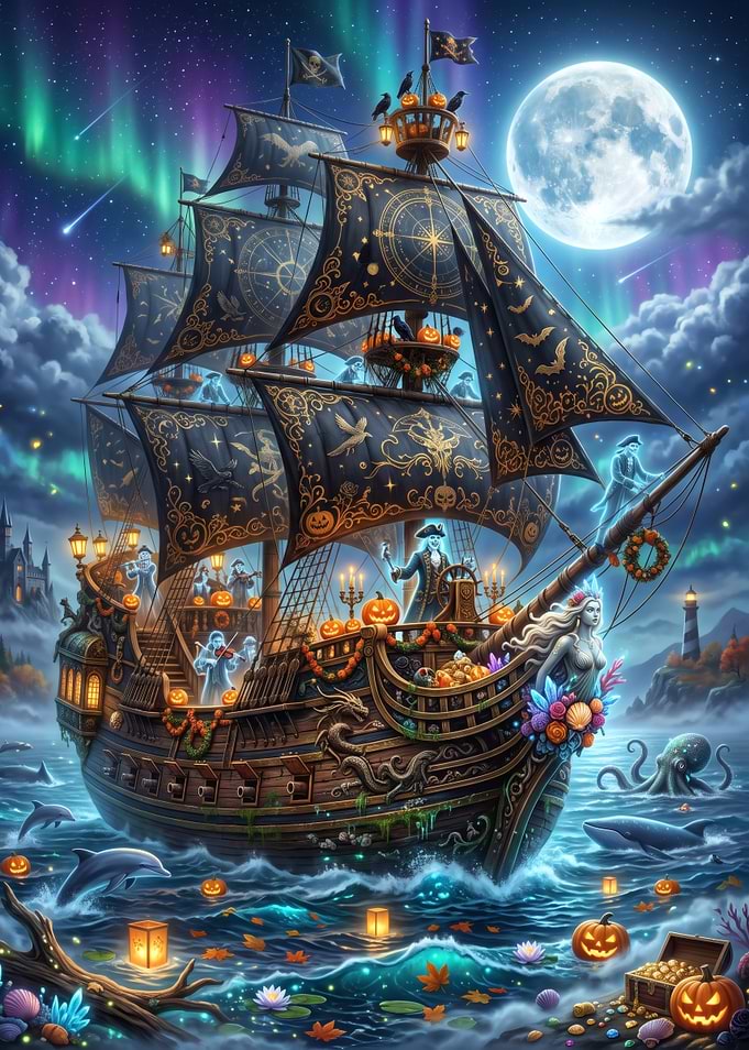 Ghostly Halloween Pirate Ship at Night
