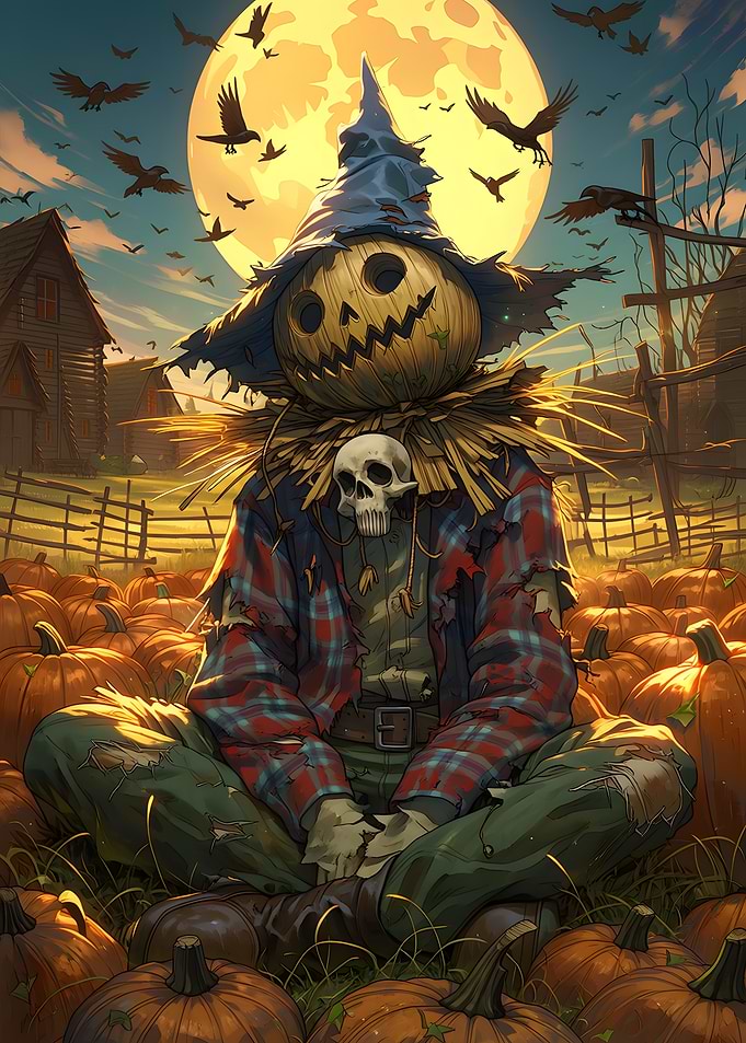 Spooky Scarecrow in Pumpkin Patch